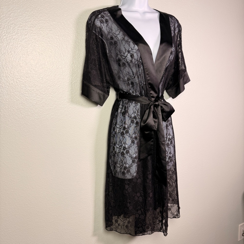 Soma Black Floral Lace Robe Satin Trim Sheer Belted Wrap Kimono Lingerie Medium - Picture 3 of 9